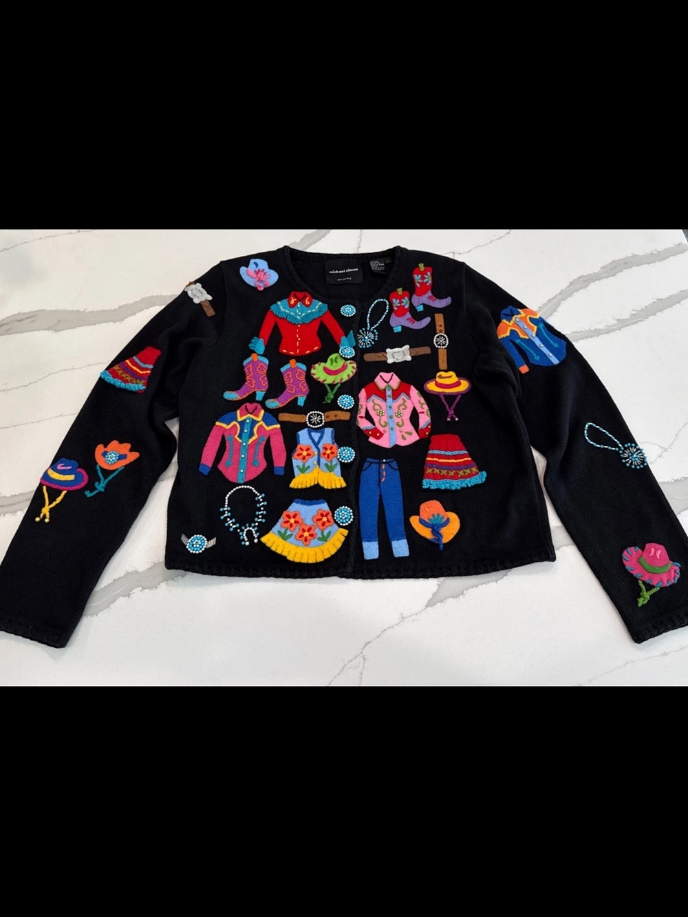 Michael Simon Vintage 1998 Western Novelty Cardigan Black Beaded Applique Large